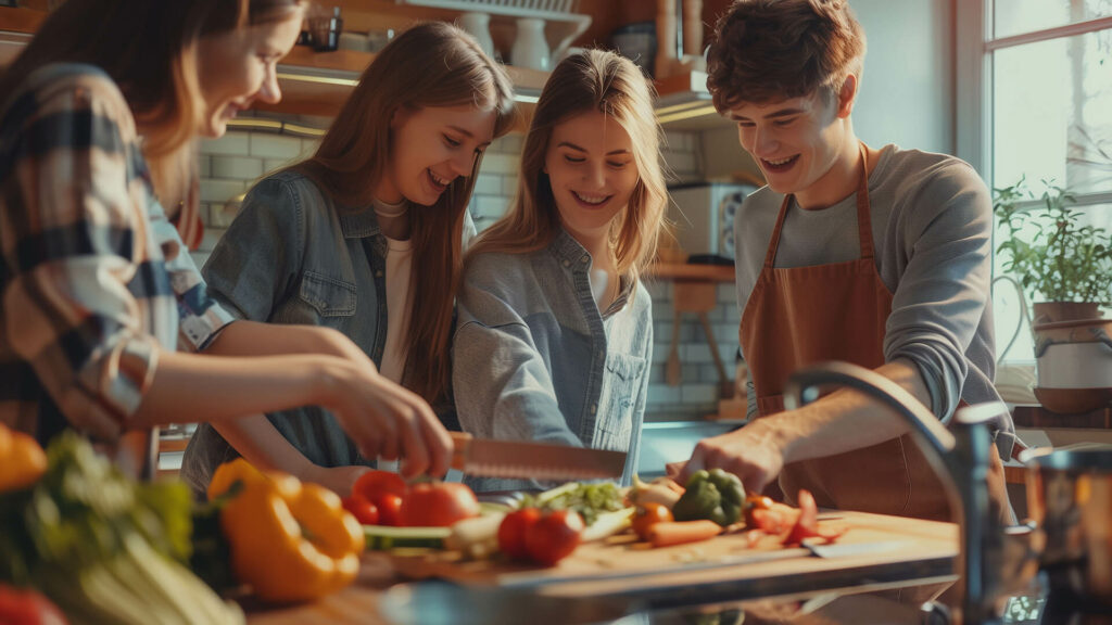 Group of teen enjoying cooking together.
